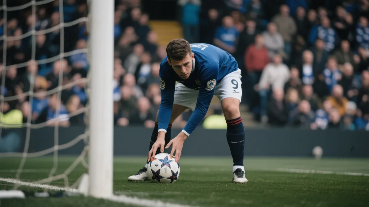 点球前的球员与看台人群对比，体现压力与专注