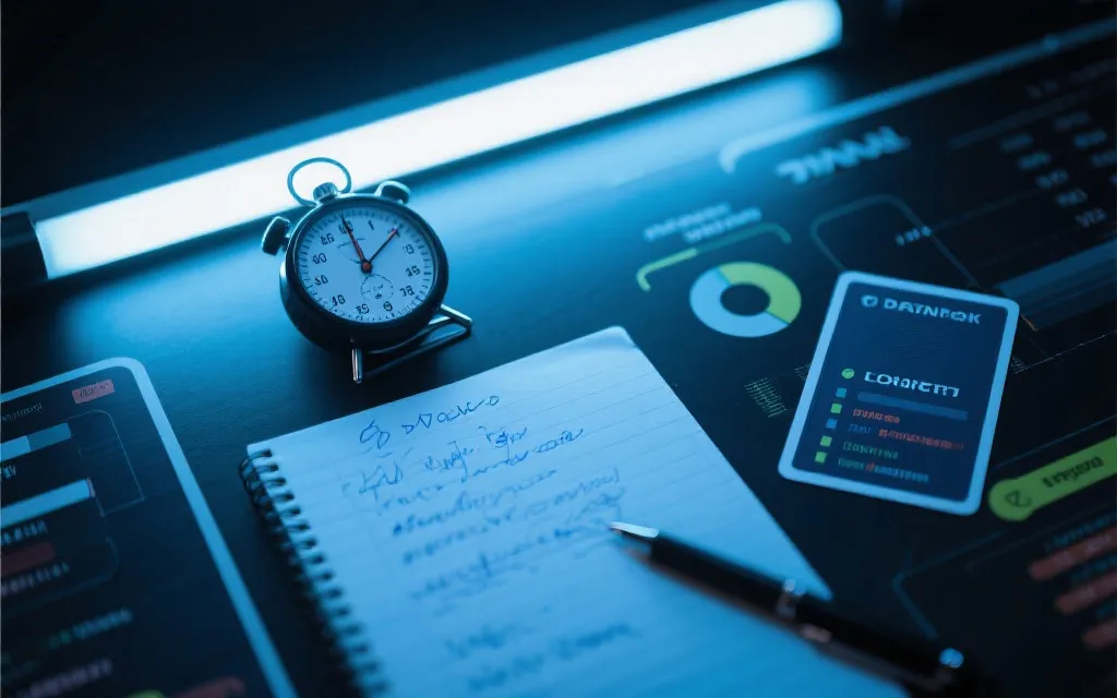 风险控制与冷静复盘的视觉化：笔记本、计时器与数据面板