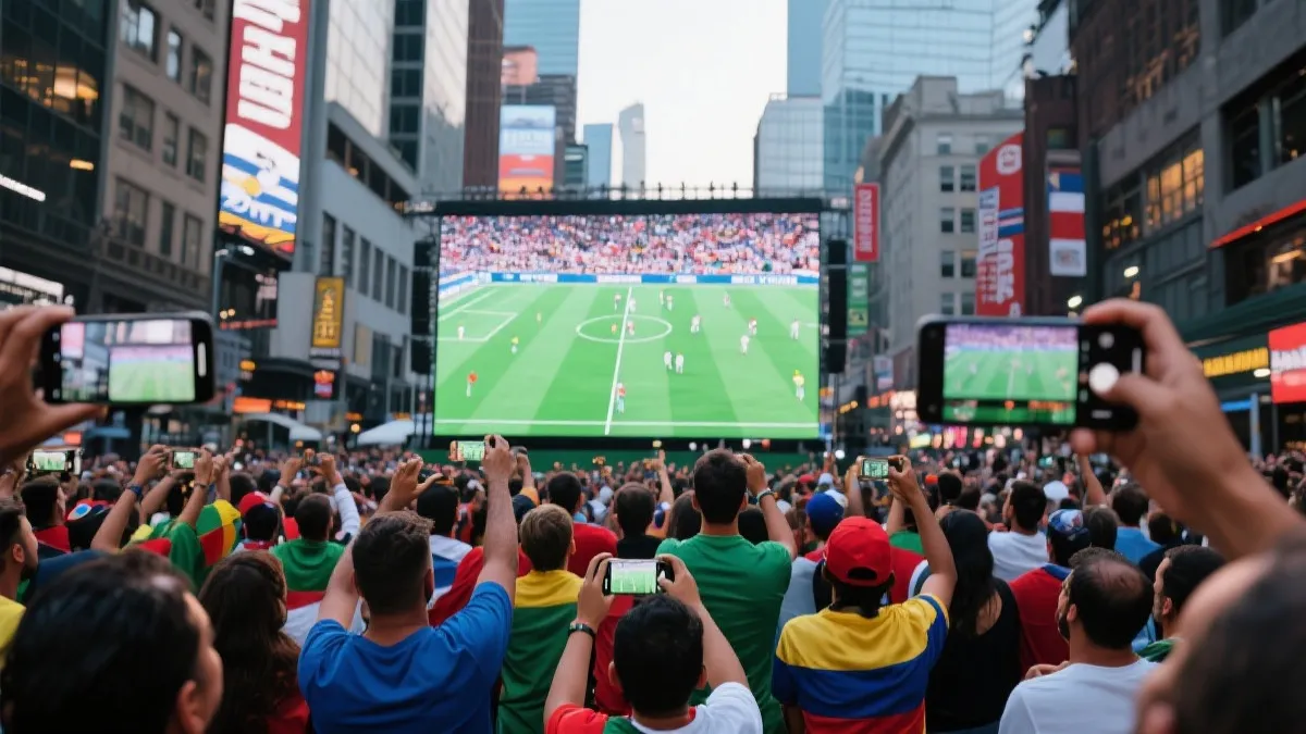 球迷在北美城市大型屏幕前观看世界杯并在社交媒体上分享