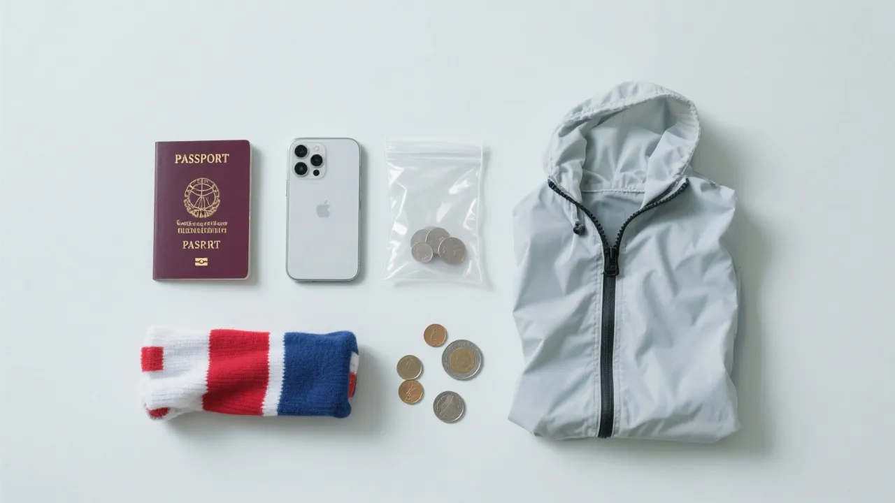 球迷的观赛随身物品平铺整理：证件、手机、透明小包、雨衣与围巾